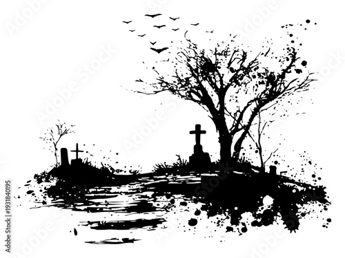 Spooky cemetery landscape with graves and bare tree in a grunge ink style