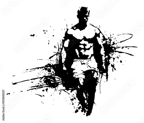 Powerful male bodybuilder silhouette in artistic black ink splatter grunge style