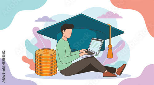 Online education and student finance concept with person and laptop
