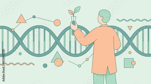 Biotechnology Research: Scientist with Plant in Test Tube and DNA