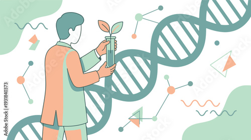 Scientist with plant in test tube, illustrating genetic research and biology.