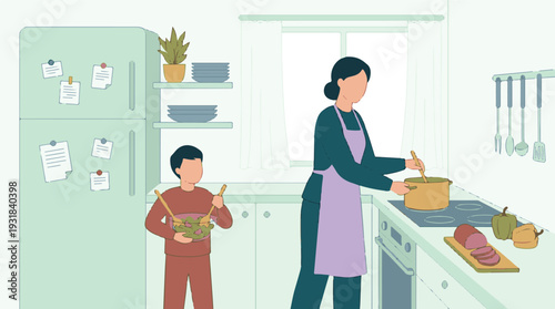 Mother and son cooking together in a modern kitchen, preparing a family meal