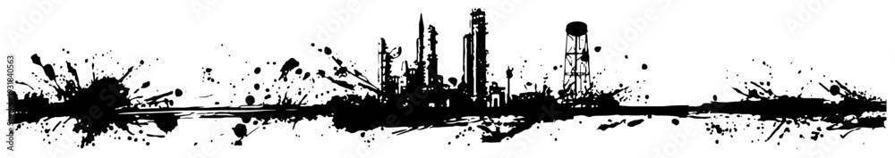 Obraz premium Panoramic industrial factory and refinery silhouette with artistic ink splatter effects