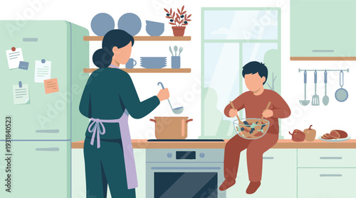 Family cooking together in a modern kitchen, preparing a healthy meal