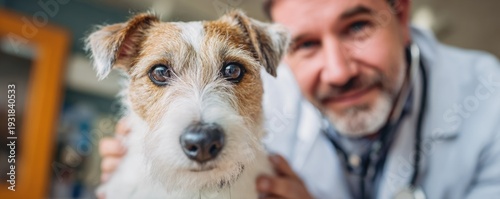 Happy man, portrait and veterinarian with dog for animal checkup, visit or healthcare. dog looking to camera. ai generated