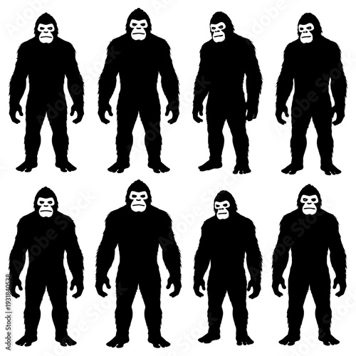 Collection of bigfoot silhouettes in various standing poses, mythical creature illustrations isolated on white background, cryptozoology