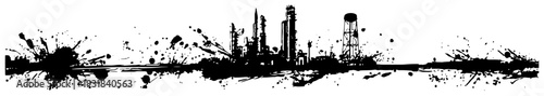 Panoramic industrial factory and refinery silhouette with artistic ink splatter effects