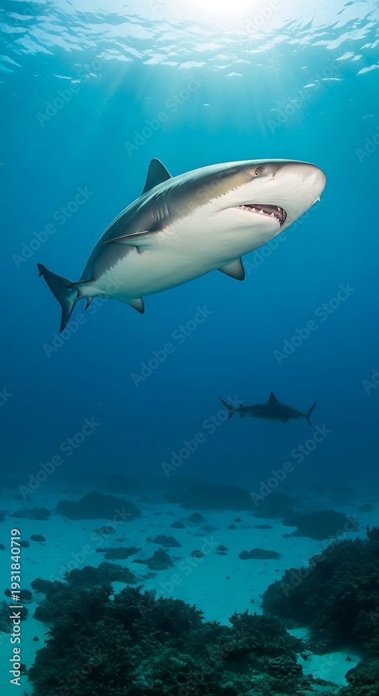 Obraz premium Majestic Tiger Shark Swimming in Clear Blue Ocean Waters.