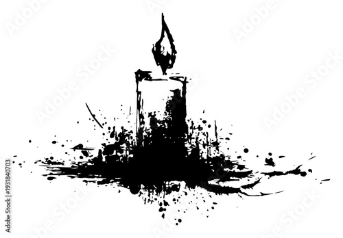 Single burning candle silhouette with expressive ink splatter and artistic grunge texture