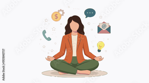 Businesswoman Meditating Amidst Work-Life Balance and Task Management Icons