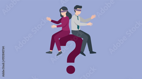 Uncertainty in relationships: Blindfolded man and woman on question mark