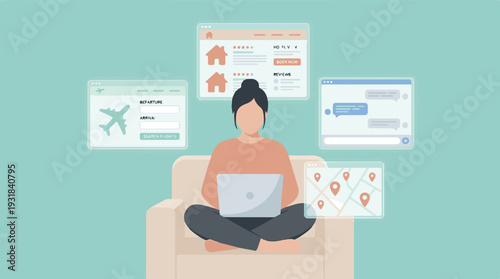 Woman planning travel online with laptop, surrounded by booking and map apps