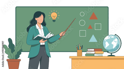 Female Teacher Presenting in Classroom with Blackboard and Educational Items