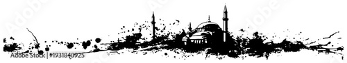 Islamic mosque skyline banner with artistic ink splatters and grunge city elements