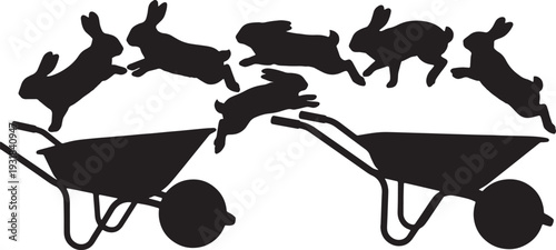 Black Solid Wheelbarrow Jump Bunny Silhouettes Set of Six on White Background