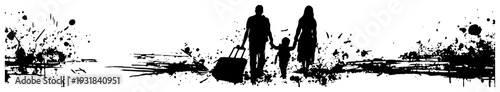 Family walking together with a suitcase in artistic black ink splatter style