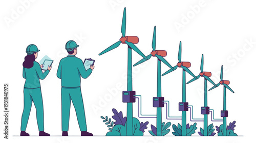 Engineers monitoring wind turbines, renewable energy production and maintenance
