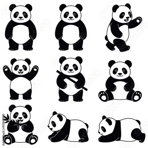 Minimalist black and white panda icons collection showing diverse actions such as crawling sleeping and climbing for minimalist logo design and animal welfare branding projects