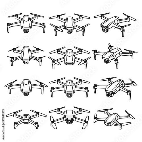 Modern drone quadcopter line art set from different angles featuring aerial photography and videography equipment illustration for technology and remote control gadget themed designs
