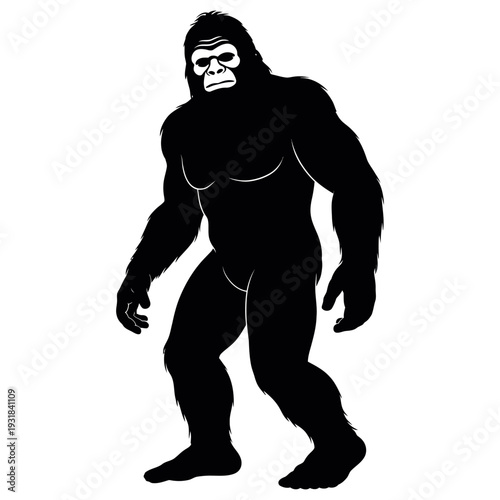 Sasquatch vector illustration silhouette isolated on white background depicting mythical creature bigfoot standing in bipedal pose showing large muscular frame and hairy body texture