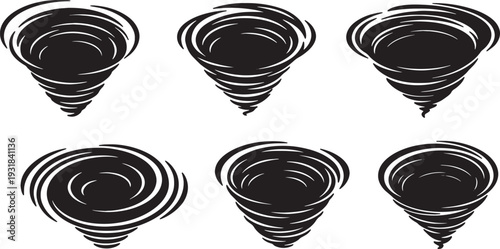 Black Solid Whirlpool Vortex Silhouettes Set of Six on White Background