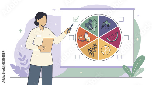 Female nutritionist explaining healthy food groups concept on a whiteboard