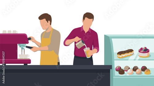 Baristas making coffee and preparing sweets in a modern cafe setting