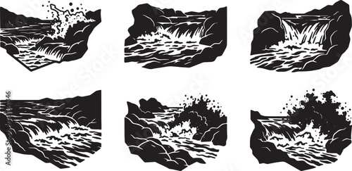 Black Solid Whitewater Mountain Rapid Silhouettes Set of Six on White Background