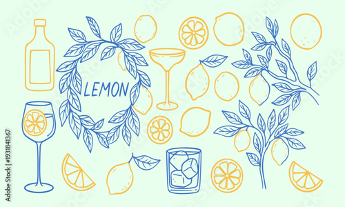 Hand Drawn Lemon Citrus Blue and Yellow Summer Cocktail Doodle Illustration with Fresh Fruit and Drinks
