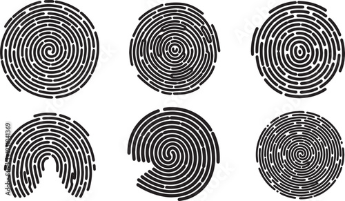 Black Solid Whorl Fingerprint Set of Six on White Background