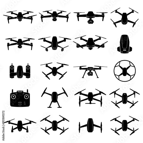 Set of drone icons vector black and white silhouette collection technology aerial quadcopter flight remote control camera system