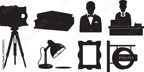 Black Solid Vintage Photo Shop Silhouettes Set of Six on White Background