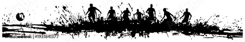 Artistic soccer team silhouettes playing football on a grungy ink splatter banner