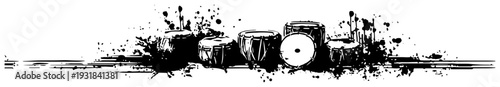 Panoramic horizontal collection of percussion drums in artistic ink splatter grunge style