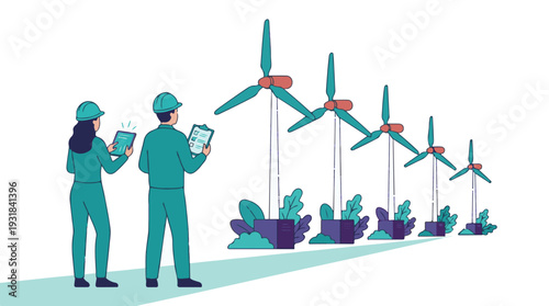 Engineers inspect wind turbines at a renewable energy wind farm