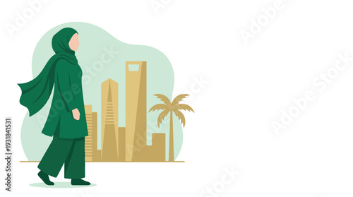 Saudi woman in traditional green attire walking past modern city skyline
