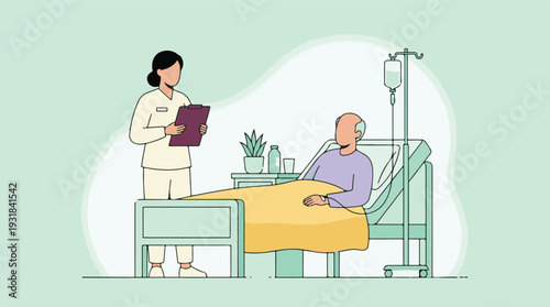 Nurse caring for senior patient in hospital bed, healthcare illustration