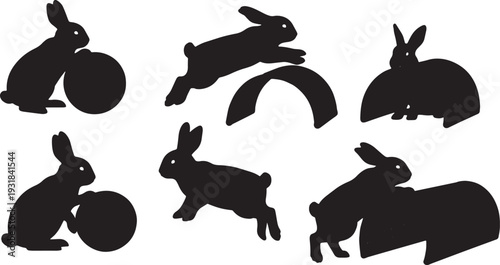Black Solid Wicker Toy Bunny Silhouettes Set of Six on White Background