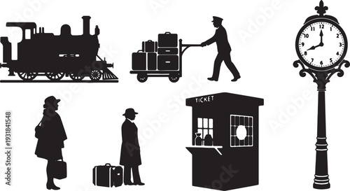 Black Solid Vintage Railway Station Silhouettes Set of Six on White Background