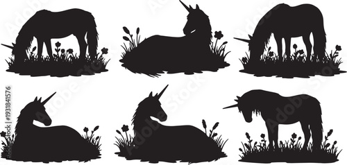 Black Solid Wildflower Rest Unicorn Silhouettes Set of Six on White Background
