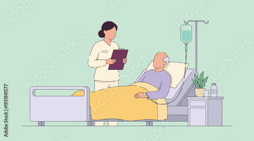 Nurse caring for elderly patient in hospital room with IV drip