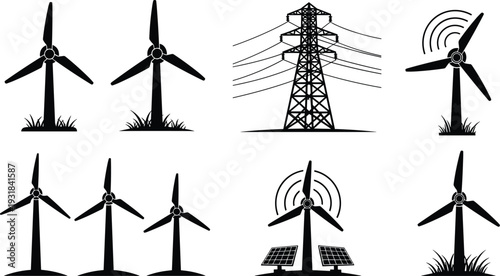 Wind turbine and electricity pylon silhouettes set, renewable energy power generation icons with solar panels isolated on white background vector collection