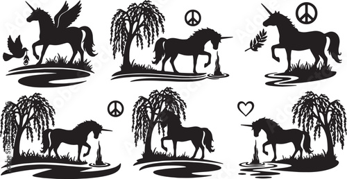 Black Solid Willow Drinking Unicorn Silhouettes Set of Six on White Background