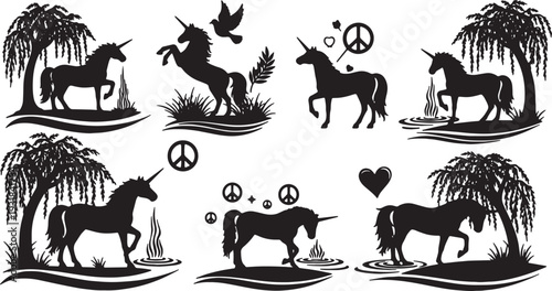 Black Solid Willow Drinking Unicorn Silhouettes Set of Six on White Background
