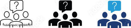 Group of people with question mark speech bubble showing team discussion. Business illustration for community support, customer FAQs, collaborative brainstorming, and human resource inquiries.