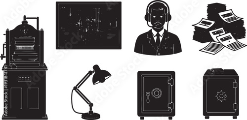 Black Solid Vintage Telegraph Office Silhouettes Set of Six on White Background