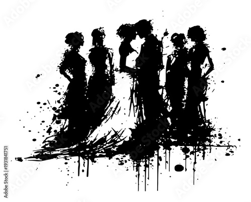Group of people silhouettes standing together in artistic black ink splatter style