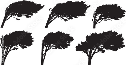 Black Solid Windblown Pine Tree Silhouettes Set of Six