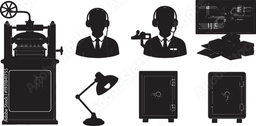 Black Solid Vintage Telegraph Office Silhouettes Set of Six on White Background