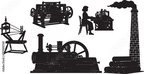Black Solid Vintage Textile Mill Silhouettes Set of Six on White Background